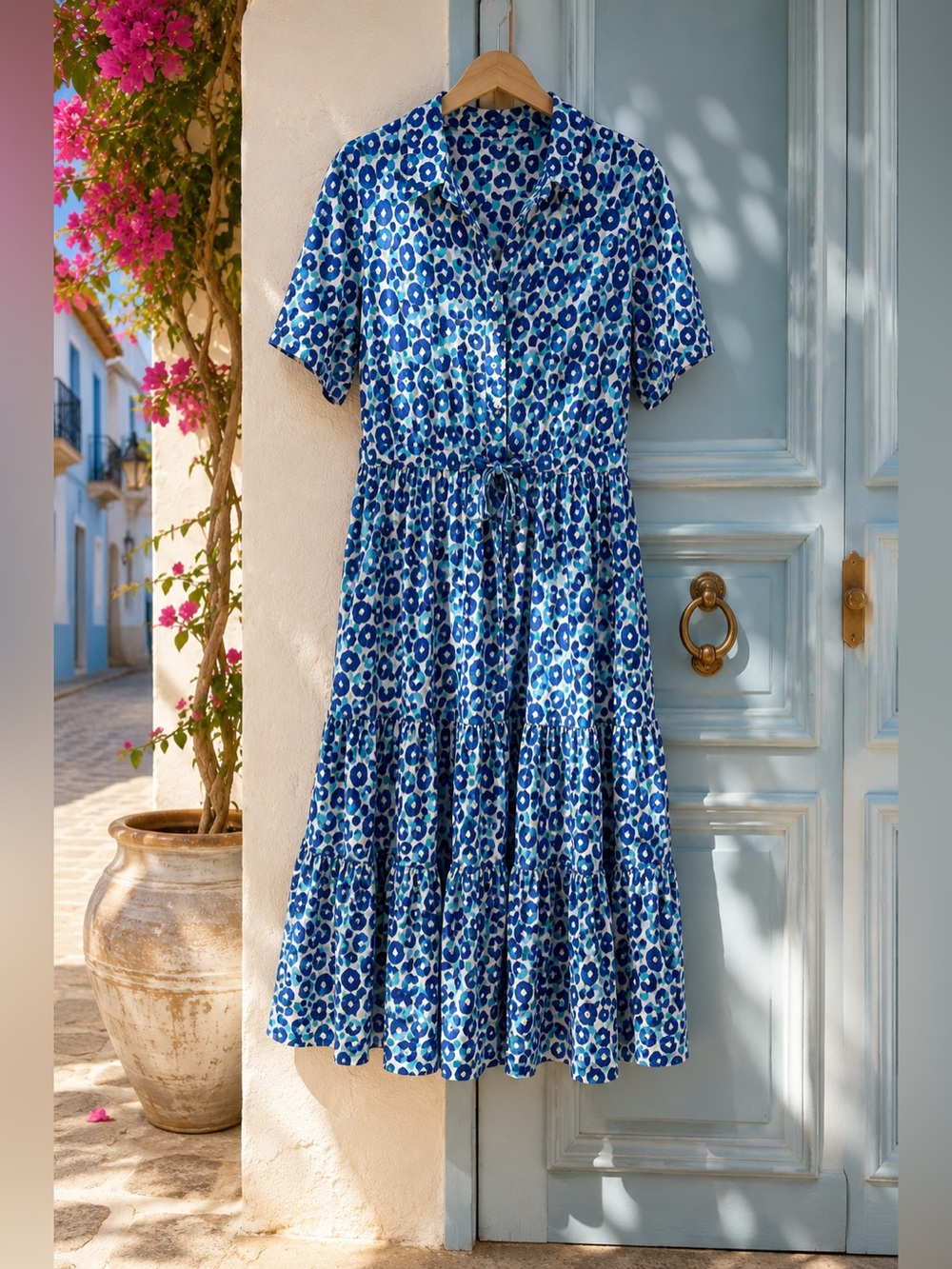 Vilagallo Spain Blue Leopard Print Tiered Midi Shirt Dress EU 42 US Medium